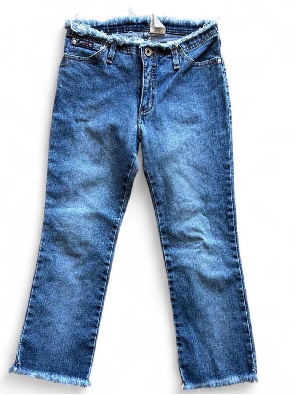 Frayed Waist and Hem Straight-Leg Jeans - Blue